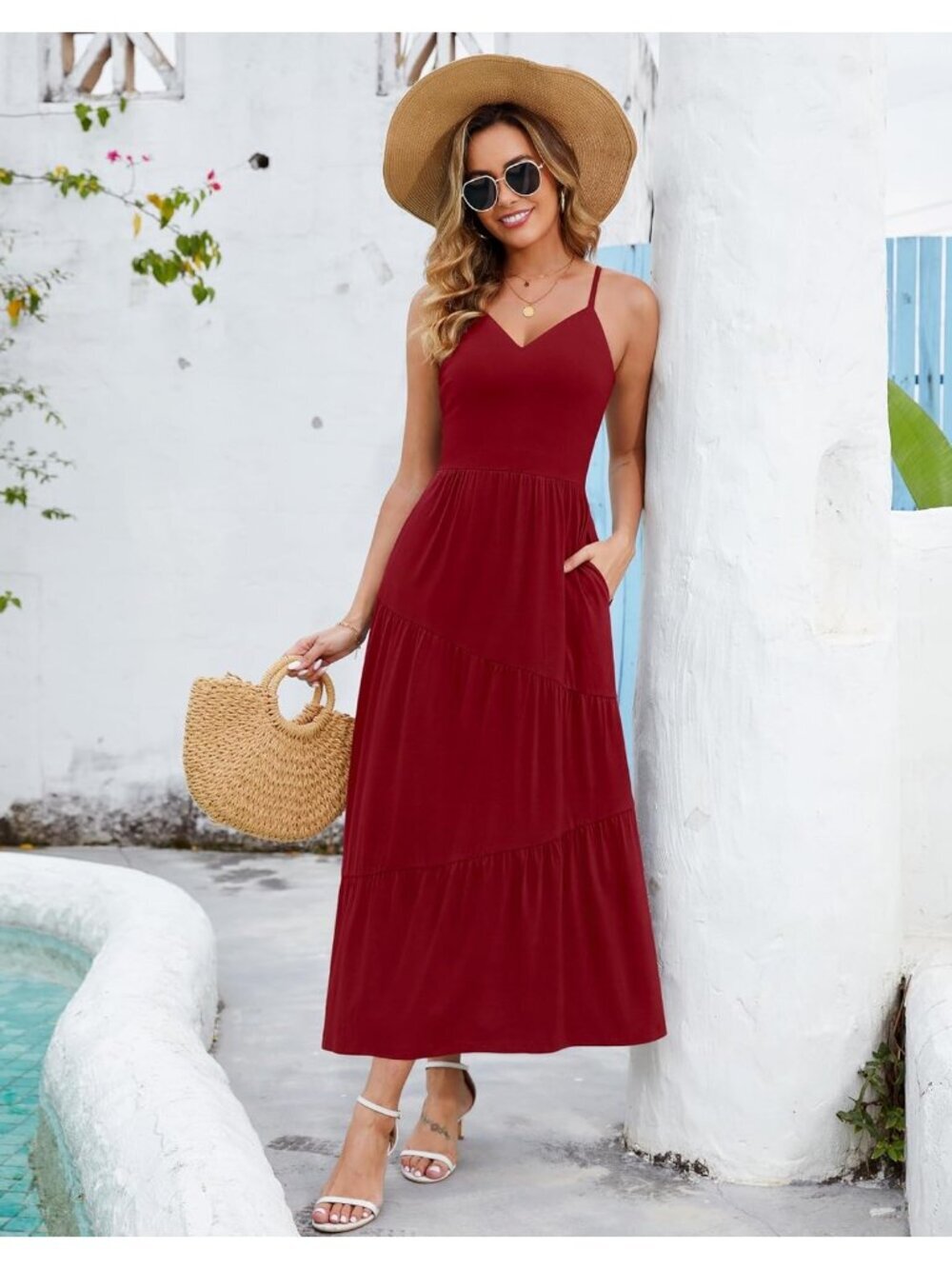 Women's Wine Red Beach Sundress V Neck Spaghetti Long Strap Pockets Maxi Dress - Picture 4 of 6